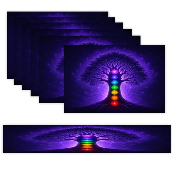 7 Piece Linen Table Runner and Placemats Set, Violet Chakra Tree Silhouette Round Corner Heat Resistant Washable Table Mats for Home Kitchen Dining Party Decoration