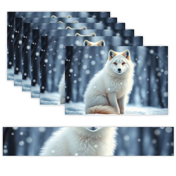 7 Piece Linen Table Runner and Placemats Set, White Fox Winter Forest Round Corner Heat Resistant Washable Table Mats for Home Kitchen Dining Party Decoration