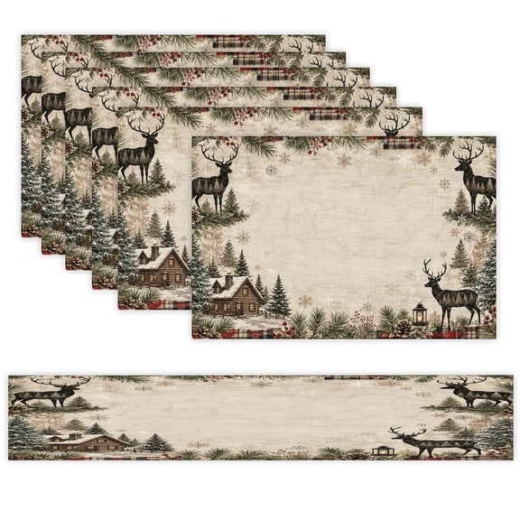 7 Piece Linen Table Runner and Placemats Set, Woodland Cabin Deer Winter Lodge Round Corner Heat Resistant Washable Table Mats for Home Kitchen Dining Party Decoration