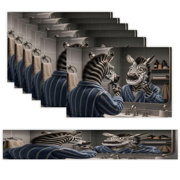 7 Piece Linen Table Runner and Placemats Set, Zebra Bathroom Shaving Mirror Round Corner Heat Resistant Washable Table Mats for Home Kitchen Dining Party Decoration