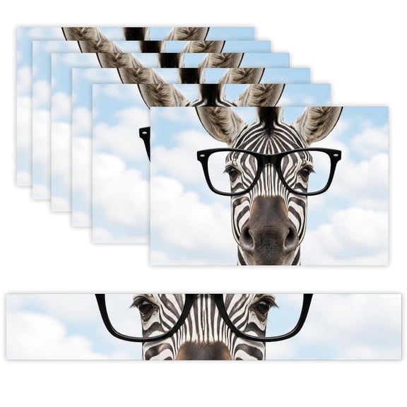7 Piece Linen Table Runner and Placemats Set, Zebra With Black Frame Glasses Round Corner Heat Resistant Washable Table Mats for Home Kitchen Dining Party Decoration