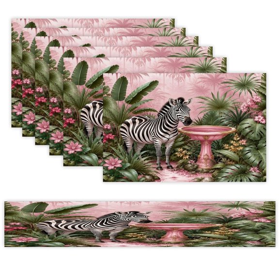 7 Piece Linen Table Runner and Placemats Set, Zebra Pink Basin Tropical Leaves Round Corner Heat Resistant Washable Table Mats for Home Kitchen Dining Party Decoration