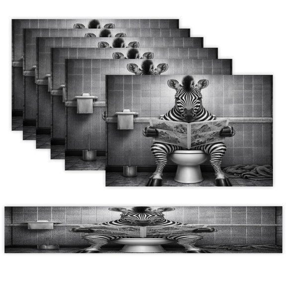 7 Piece Linen Table Runner and Placemats Set, Zebra Reading Newspaper Toilet Dark Round Corner Heat Resistant Washable Table Mats for Home Kitchen Dining Party Decoration