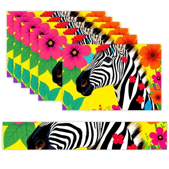 7 Piece Linen Table Runner and Placemats Set, Zebra Tropical Flowers Portrait Round Corner Heat Resistant Washable Table Mats for Home Kitchen Dining Party Decoration