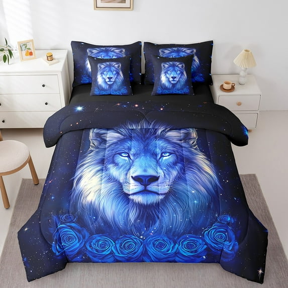 7 Piece Lion Twin Bed in a Bag for Adult Animal Lion Print Bedding Sets Blue Rose Floral Decor Comforter Set with Sheets Blue Starry Sky Print Bed Set Western Farm Lion Sheets