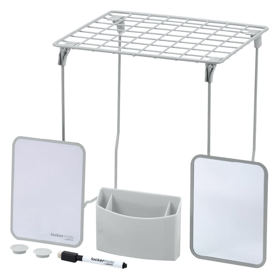 7-Piece Locker Organizer Kit, includes Locker Shelf, Mirror, Whiteboard, Storage Cup & Dry Erase Marker - Gray