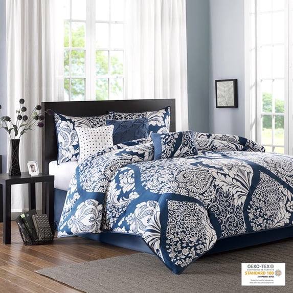 7-Piece Luxury Comforter Set in Damask Indigo, Queen