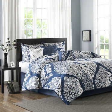 7-Piece Luxury Comforter Set in Damask Indigo, Queen