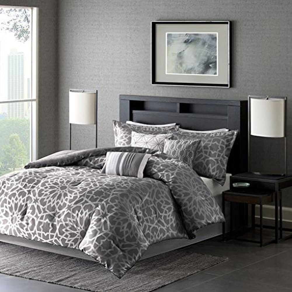 7Piece Luxury Comforter Set in Grey Geometric Floral Print, King