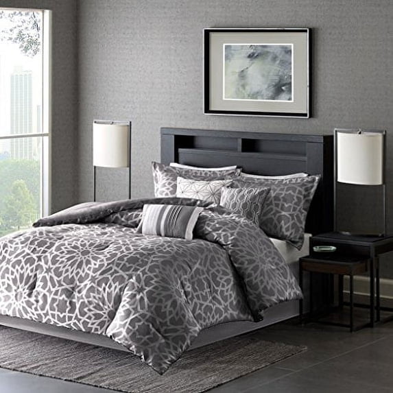 7-Piece Luxury Comforter Set in Grey Geometric Floral Print, King