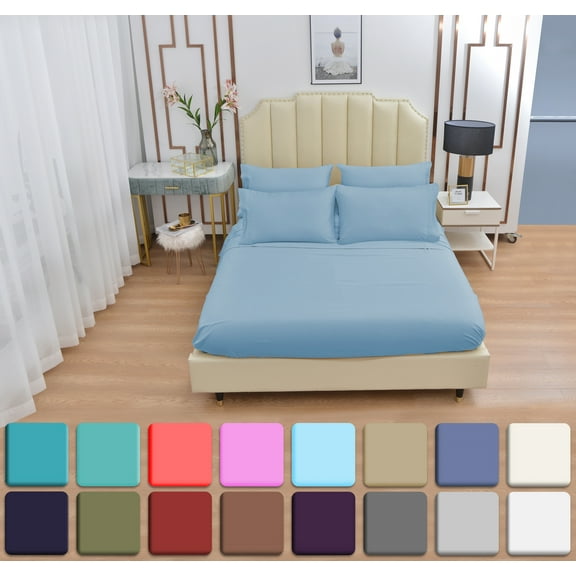 7 Piece Luxury Rayon Made From Bamboo Sheets Set- Split King Light Blue Sheets, Softer Than Cotton-Up To 16" Deep Pockets-Wrinkle Free-Extremely Soft Bamboo Derived Rayon Sheets- Split King,Light Blue