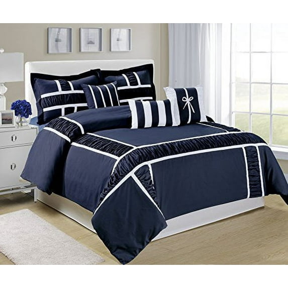 7 Piece MARMA Ruffle & Patchwork Clearance bedding Comforter Set Fade Resistant, Wrinkle Free, No Ironing Necessary, Super Soft, All Sizes Queen King CalKing (Cal.King, Navy/White)