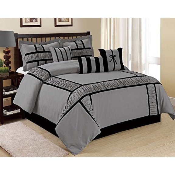 7 Piece MARMA Ruffle & Patchwork Clearance bedding Comforter Set Fade Resistant, Wrinkle Free, No Ironing Necessary, Super Soft, All Sizes Queen King CalKing (Queen, Gray/Black)