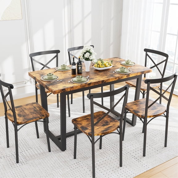 7-Piece MDF and Metal Dining Set / Easy to Assemble, Clean for Family Gatherings