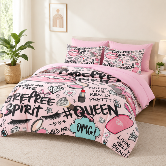 7 Piece Makeup Pink Queen-Full Bed-in-a-Bag Comforter and Sheet Set