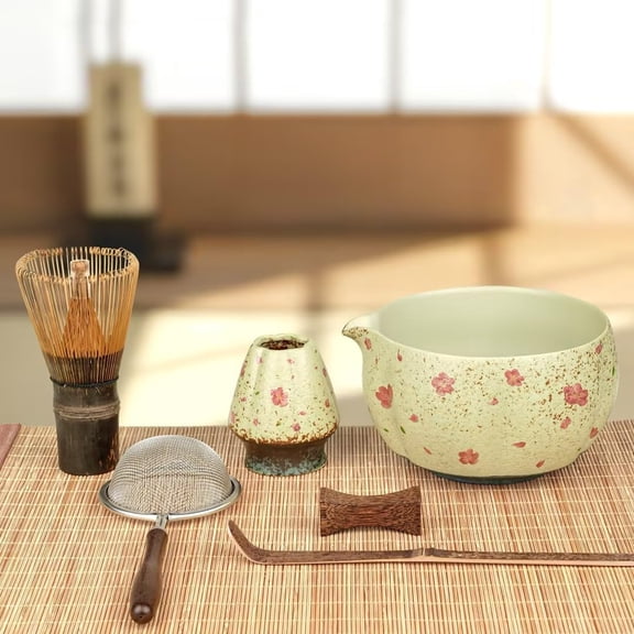7-Piece Matcha Set with Ceramic Matcha Bowl, Bamboo Whisk& Holder, Sifter, Tea Scoop & Rest, Special Bamboo Tea Mat - Perfect Matcha Kit for Matcha Lovers & Gift Giving, Sakura