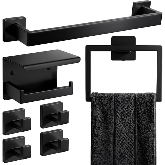7-Piece Matte Black Bathroom Accessories Hardware Set, Stainless Steel 16" Towel Bar, Towel Ring, Toilet Paper Holder with Shelf, 4 Towel Hooks, Wall Mounted for Bathroom, Kitchen, Hotel