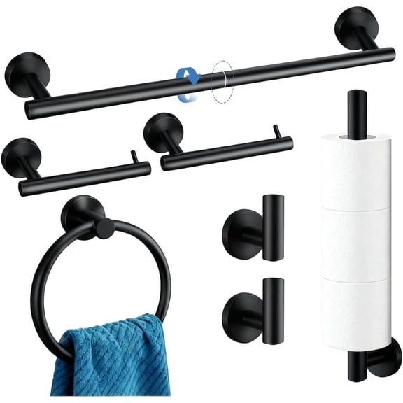 7-Piece Matte Black Bathroom Hardware Set - 7-in-1 Towel Rack Set, 23.6-inch SUS304 Stainless Steel Towel Bar and Toilet Paper Holder | Modern Black Bathroom Accessories (7, Matte Black)