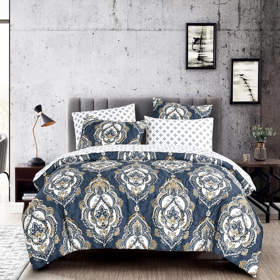 7-Piece Medallion Comforter Set, Classic Blue Gold Bed in a Bag with Comforter & Sheet Set, Soft Lightweight Bedding for All Seasons, King Size