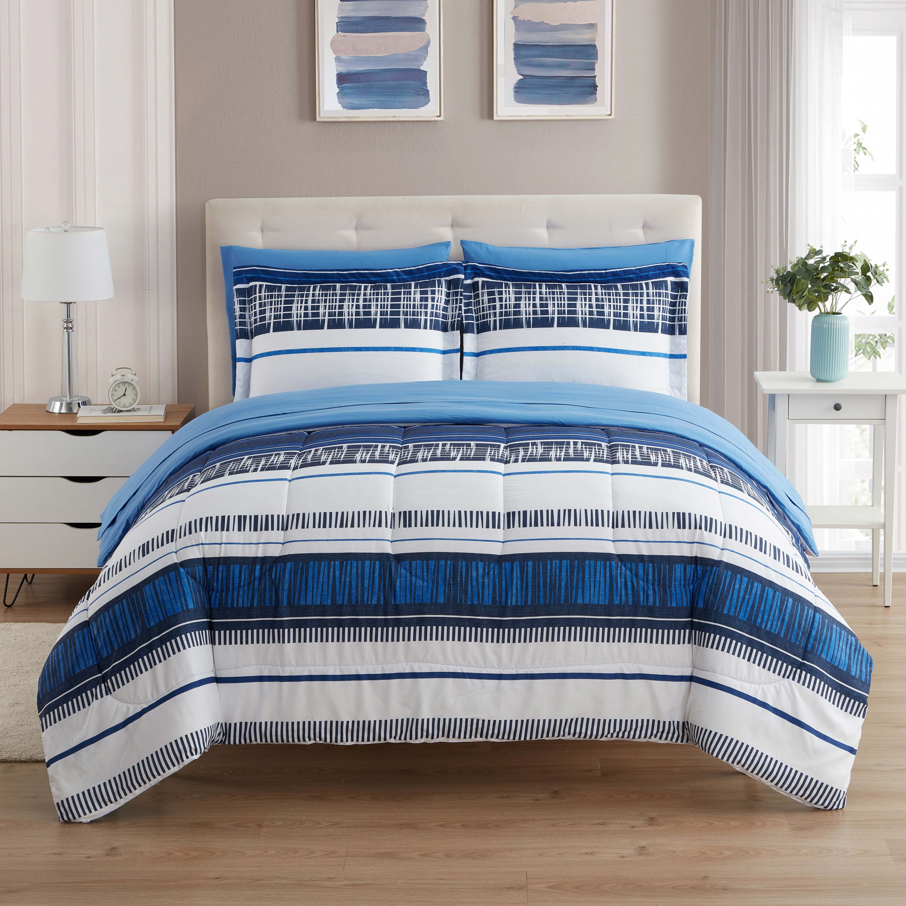 Full Mediterranean Blue and White Microfiber Bed in a Bag Set