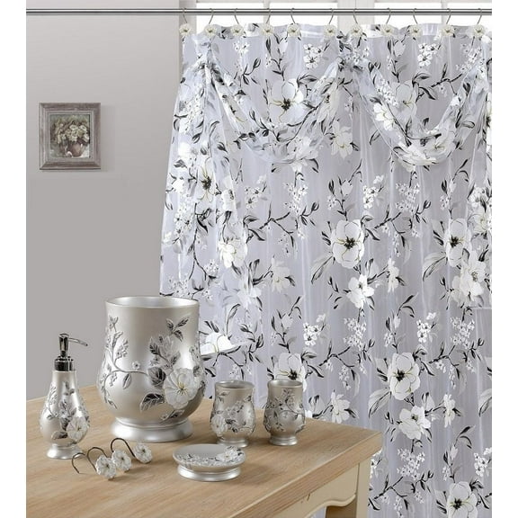 7 Piece Melrose Gray Shower Curtain and Resin Wastebasket and Accessory Set