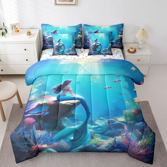 7 Piece Mermaid Bed in a Bag Queen Size,Mermaid Tail Bedding Sets Princess Room Decor Comforter Set with Sheets Kawaii Mermaid Print Bed Set Cute Sea Animal Mermaid Sheets