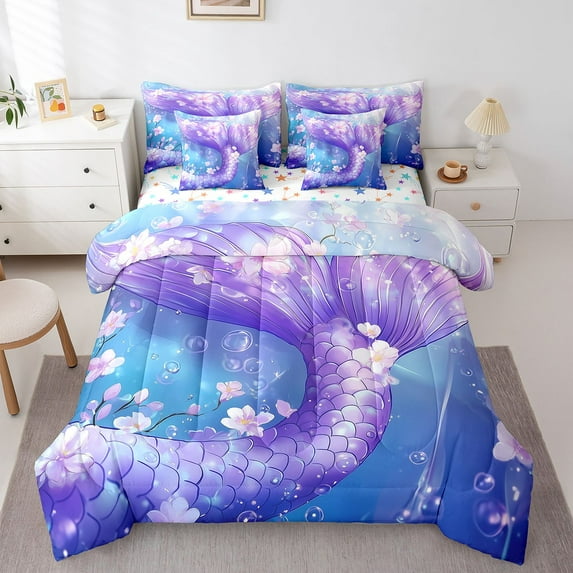 7 Piece Mermaid Tail Bedding Sets Princess Room Decor Bed in a Bag, Purple Mermaid Tail Printed Pattern Comforter Set with Sheets Ocean Themed Bed Set Cute Mermaid Sheets Full