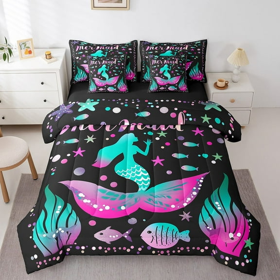 7 Piece Mermaid Twin Bed in a Bag Cute Cartoon Animal Bedding Sets Ocean Themed Comforter Set with Sheets Teal Purple Gradient Bed Set Kawaii Mermaid Decor Sheets