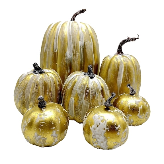 7-Piece Metallic Gold Artificial Pumpkins Set, Foam Fall Jack-O'-Lantern Table Scatters, Halloween Thanksgiving DIY Crafting Vase Filler Ornaments