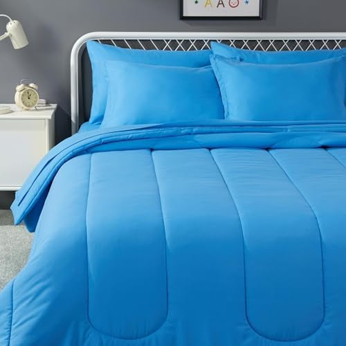 7 Piece Microfiber Kid's Bed-in-a-Bag Bedding Set, Full/Queen, Blue, Soft Solid