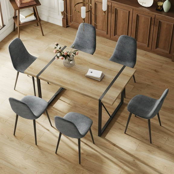 7-Piece Mid-Century Modern Dining Set, Rustic Industrial Wood Color MDF Rectangular Table, 6 Dark Upholstered Side Chairs for Dining Room, Kitchen