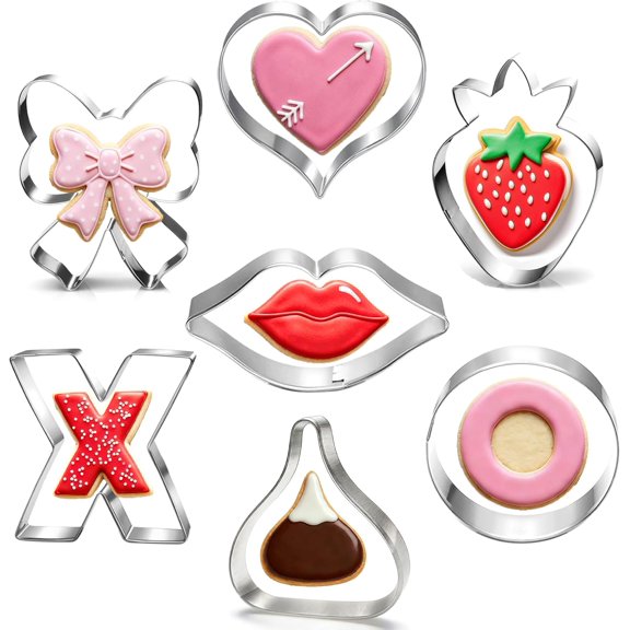 7-Piece Mini Valentines Cookie Cutter Set - 2.0 Inch - Heart, Lips, X & O, Strawberry, Coquette Bow Shapes - Dishwasher Safe Stainless Steel Molds for Wedding, Galentine's, Bridal Shower & Baking
