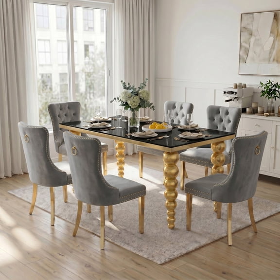 7-Piece Modern Dining Set for 6, 70.28" Tempered Glass Table with Gold Stainless Steel Legs, 6 Velvet Upholstered Chairs, for Living Room & Kitchen