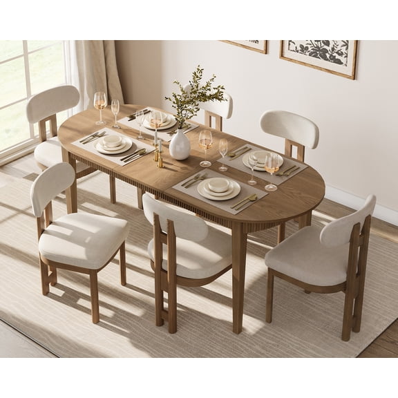 7 Piece Modern Dining Table Set, 73" Solid Wood Oval Dining Table with 6 Polyester Chairs, Dining Set with Fluted Apron for Kitchen & Dining Room
