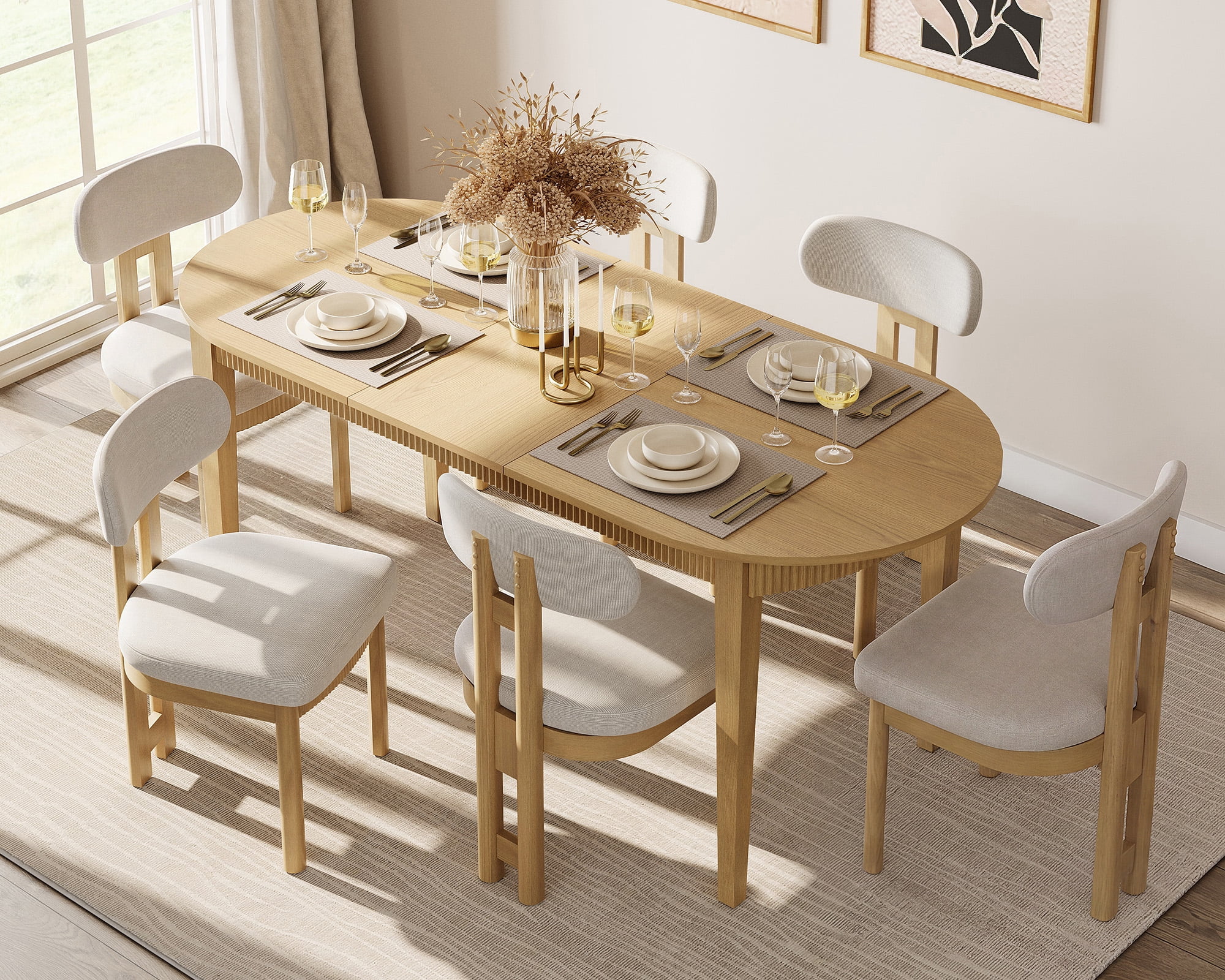 7 Piece Modern Dining Table Set, 73" Solid Wood Oval Dining Table with 6 Polyester Chairs, Dining Set with Fluted Apron for Kitchen & Dining Room
