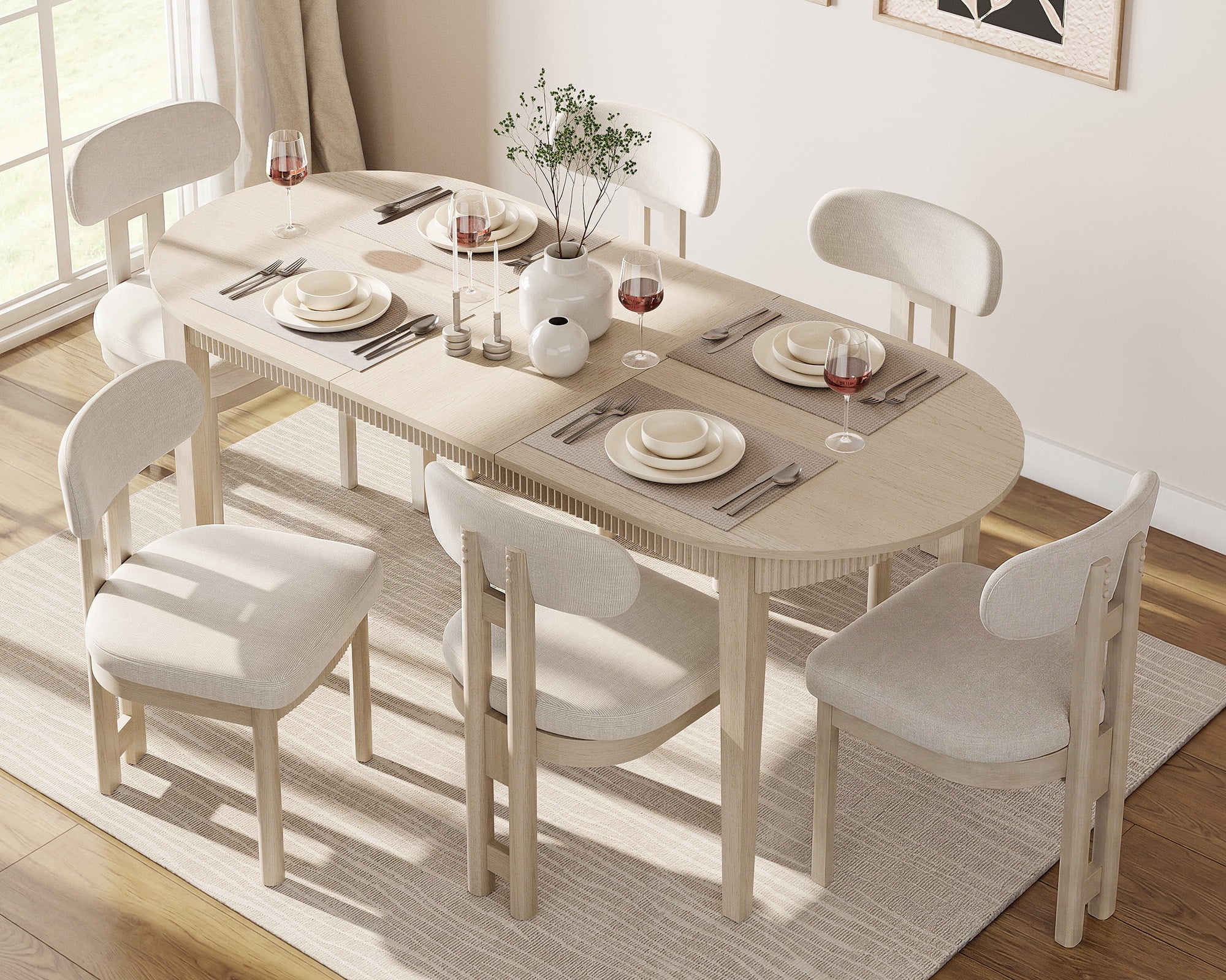 7 Piece Modern Dining Table Set, 73" Solid Wood Oval Dining Table with 6 Polyester Chairs, Dining Set with Fluted Apron for Kitchen & Dining Room