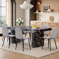 thumbnail image 1 of 7 Piece Modern Dining Table Set, 79" Luxurious Marble Pattern Dining Table with 6 Padded Dining Chairs and Curved Backrest for Kitchen, Light Gray, 1 of 8