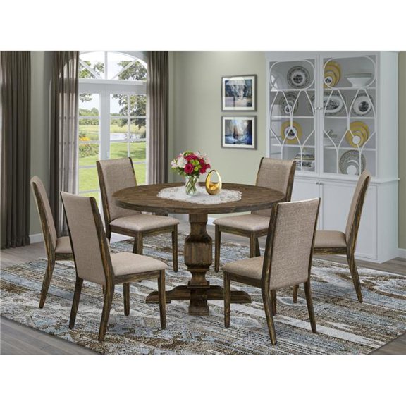 7 Piece Modern Dining Table Set - Distressed Jacobean & Dark Khaki