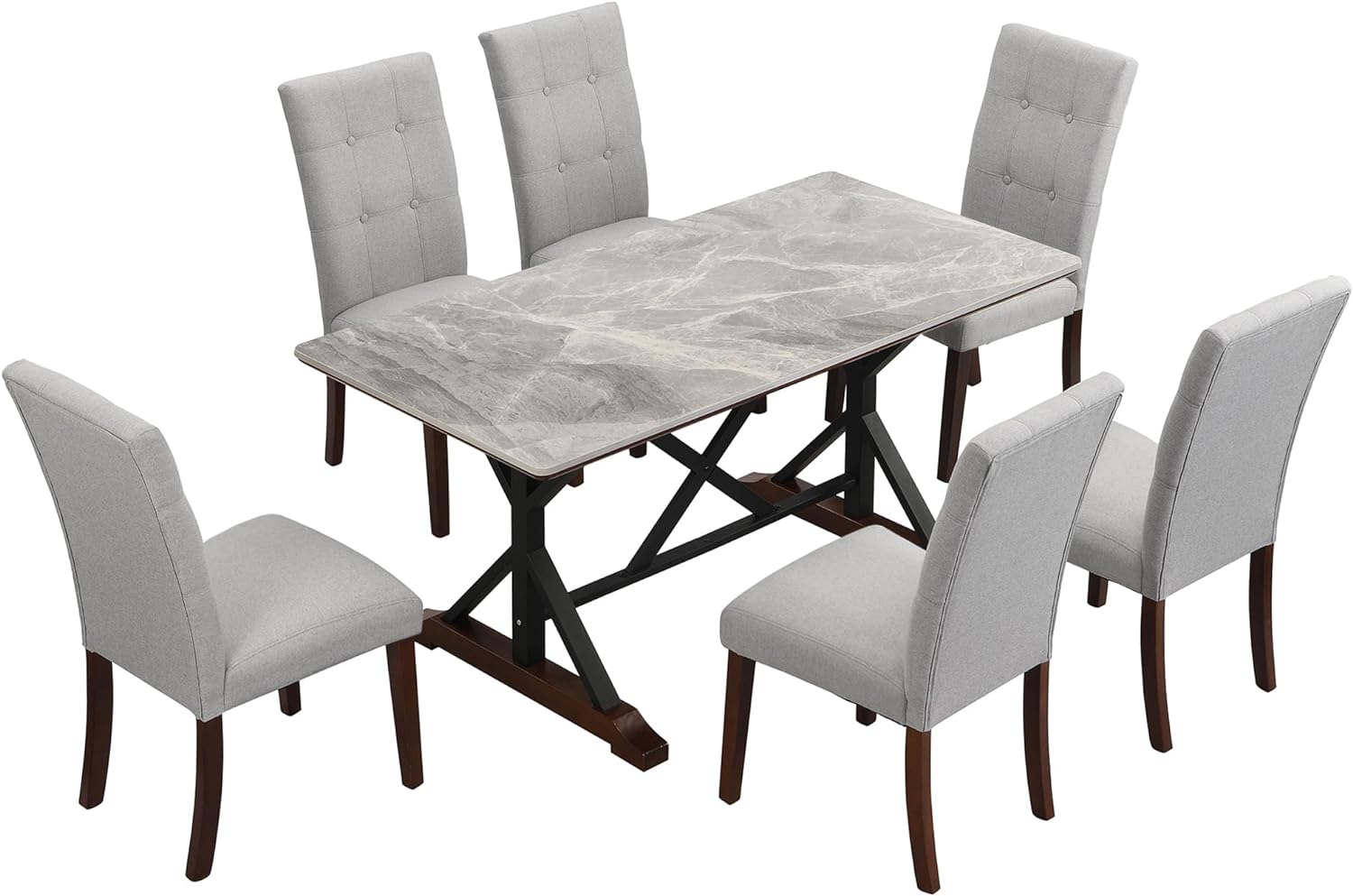 7-Piece Modern Dining Table Set, Gray Sintered Stone Dining Table with ...