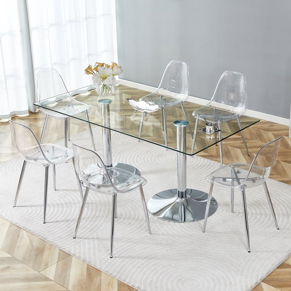 7-Piece Modern Glass Dining Table Set for 6, 71" Clear Rectangular Chrome Pedestal Table with 6 Transparent Acrylic Ghost Chairs, Chic Space-Saving Furniture for Dining Room