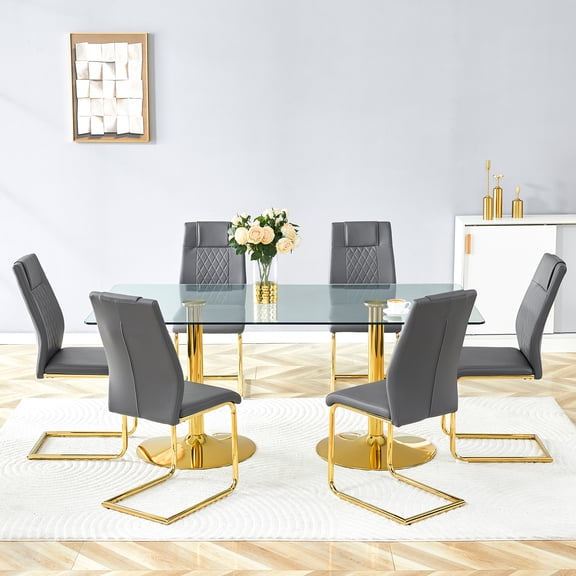 7-Piece Modern Glass Dining Table Set for 6, 71" Luxury Gold Pedestal Kitchen Table and 6 Black PU Leather Chairs, Glam Dining Room Furniture, Grey & Gold