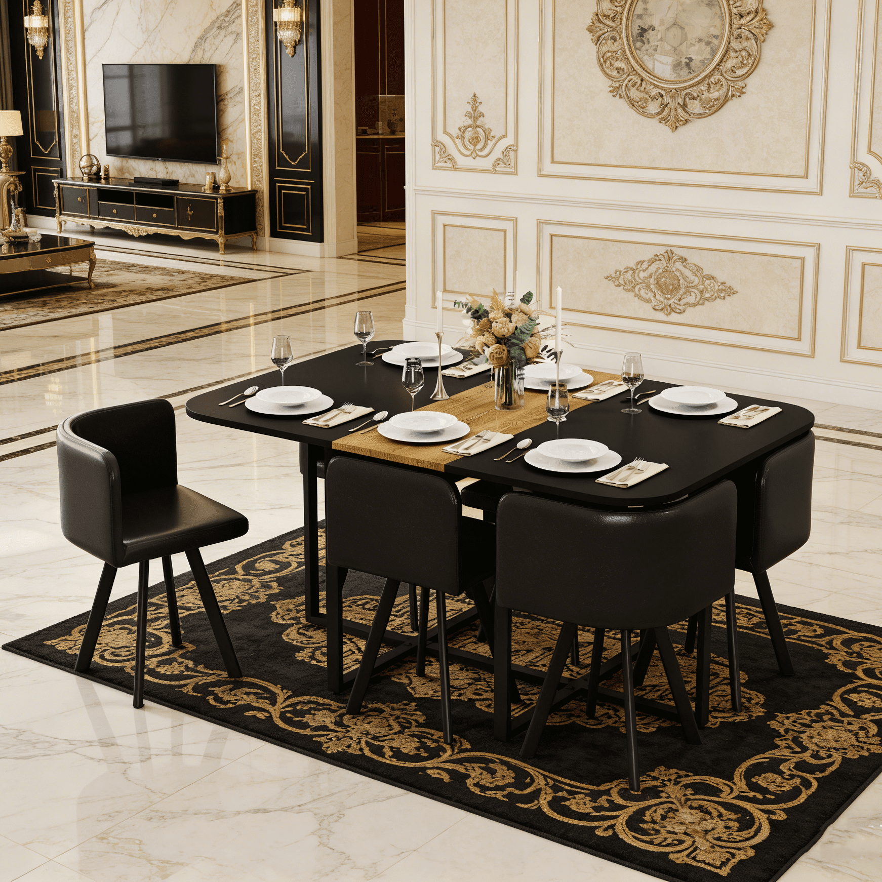 7-Piece Modern Industrial Dining Table Set with 6 Black Oil-Waxed ...