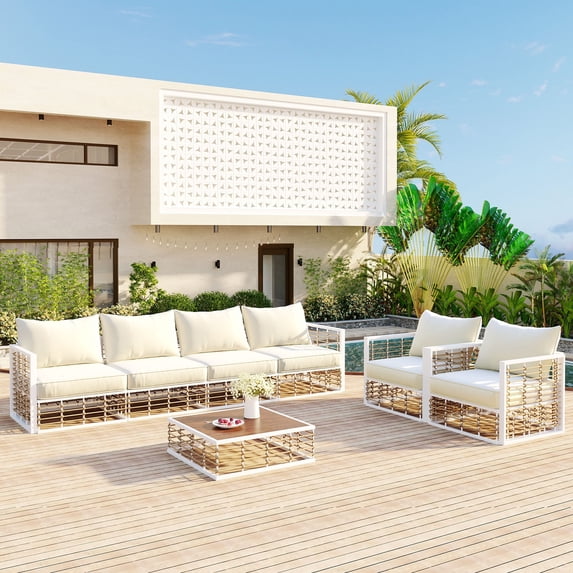 7-Piece Modern Minimalist Metal Patio Sectional Sofa Set, All-Weather Garden Conversational Furniture Set with Thick Cushions and Coffee Table for Indoor Outdoor (White)