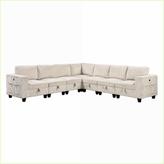 7-Piece Modular Modern Living Room Sectional with Storage, Charging Ports & Beige Corduroy | Beige | Solid Wood | Square Arms