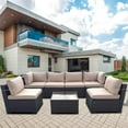 thumbnail image 1 of 7-Piece Modular Outdoor Conversational Furniture Set, Wicker Sectional Sofas, Patio Furniture Set w/ Tempered Glass Table and Cushions -- Brown, 1 of 4
