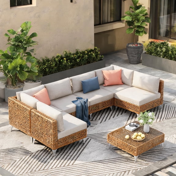7-Piece Modular Outdoor Sectional Sofa Set with Water-Resistant Cushions, Neutral Beige Wicker