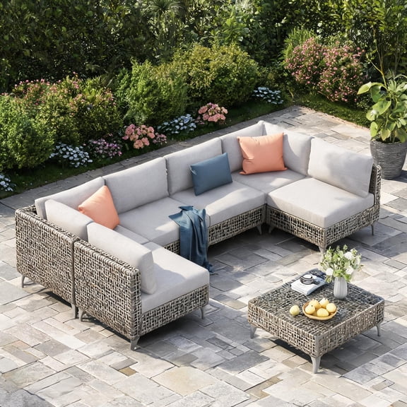 7-Piece Modular Sectional Sofa Set with Glass-Top Table, Gray-Toned Wicker, 108 Outdoor Patio Conversation