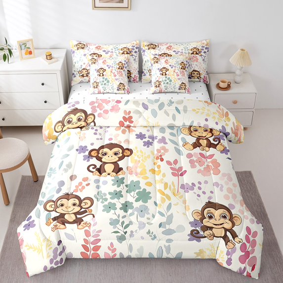 7 Piece Monkey Comforter Set Full Size,Cute Monkey Floral Bedding Set with Sheets,Watercolor Flower Bed in a Bag Wildlife Animal Bed Set with Fitted Sheet+Flat Sheet+Pillowcases