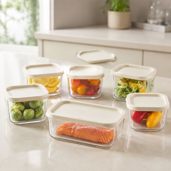 7-Piece Multi-Size Glass Food Storage Container Set (300ml/750ml/1700ml), Cream Lidded Rectangular Boxes for Weekly Meal Prep, Fridge Storage, Leftovers, Snacks & Lunch Portions