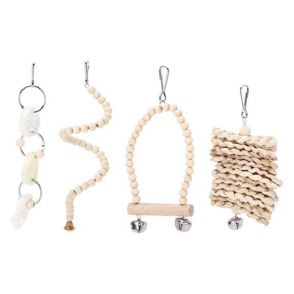 7-Piece Natural Wood Bird Toy Set with Hammock Swing, Ladder, Loofah & Corn Husk Strings, Fruit Forks for Parakeets Cockatiels
